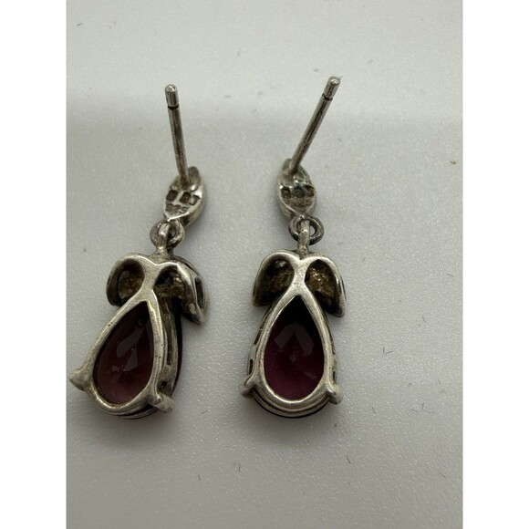 DBJ Drop Earrings Red Gemstones Pear-Shaped Marcasite Accents Vintage 925 SS - Picture 7 of 14